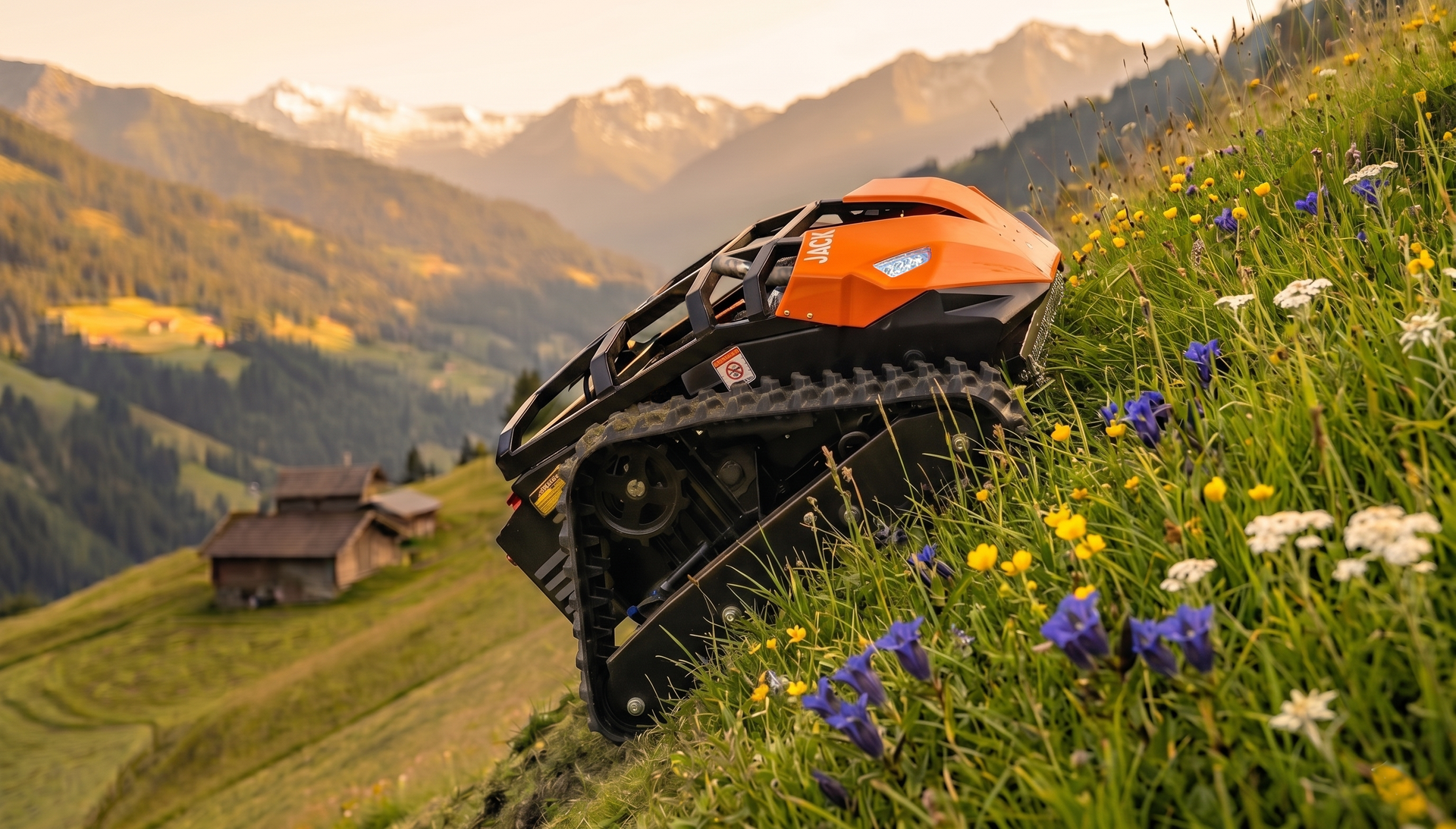 Jack Mini auf Steilhang, Berge im Hintergrund
