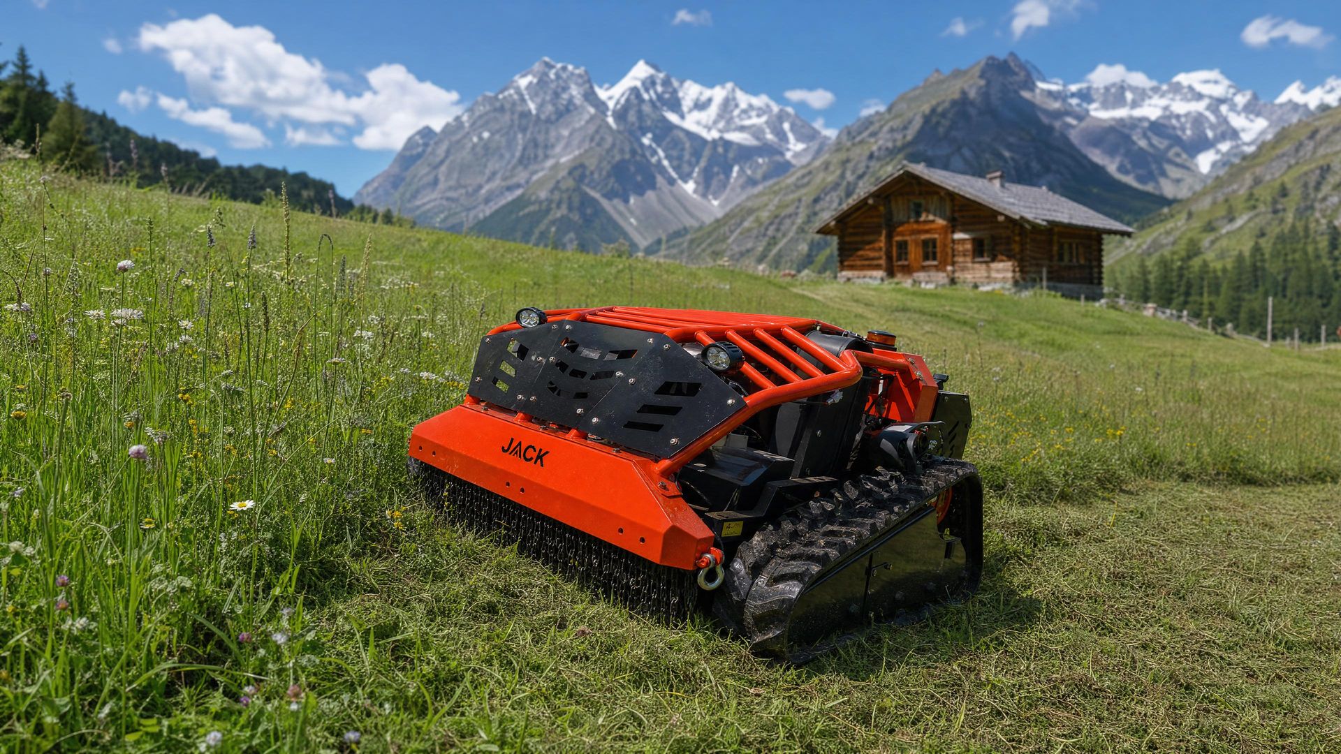 Jack Schlegel vor Almhütte dahinter Gebirge
