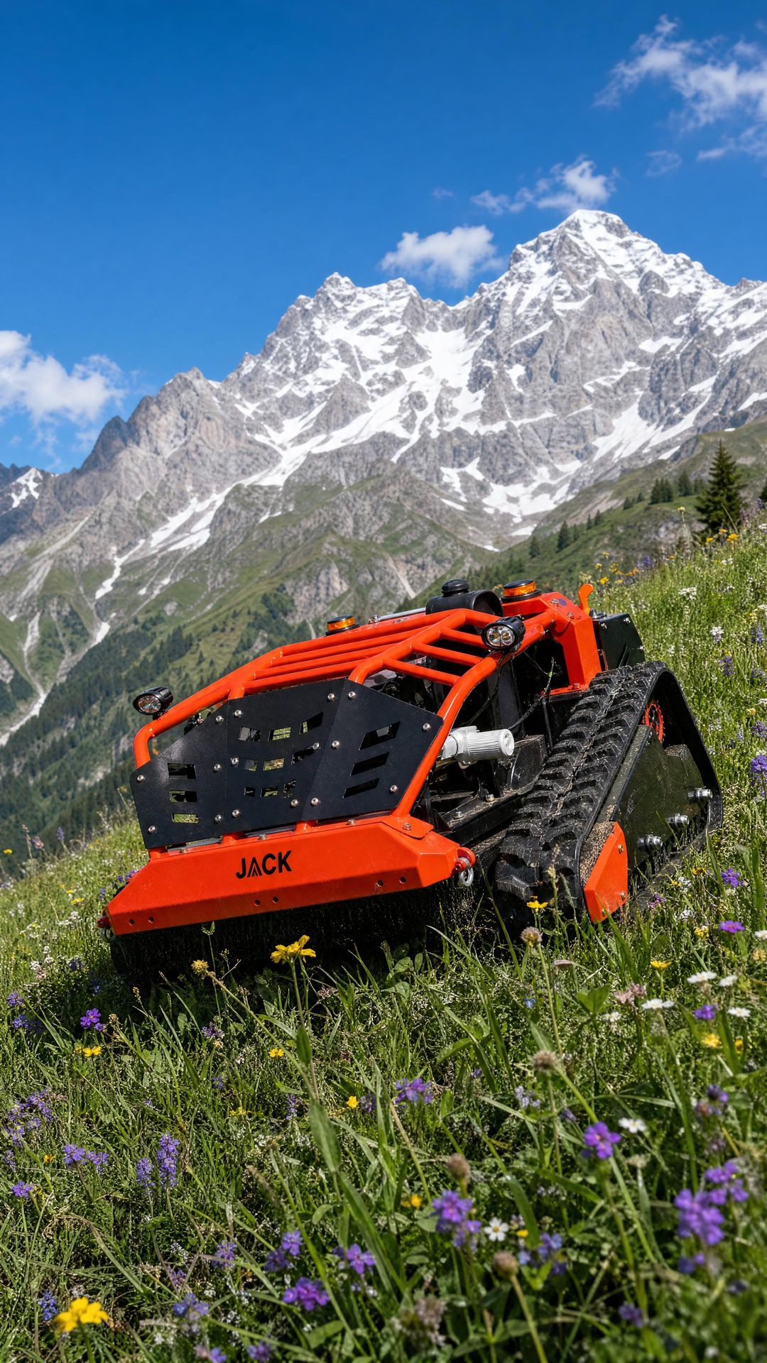 Jack mulcher and behind it a beautiful mountain panorama