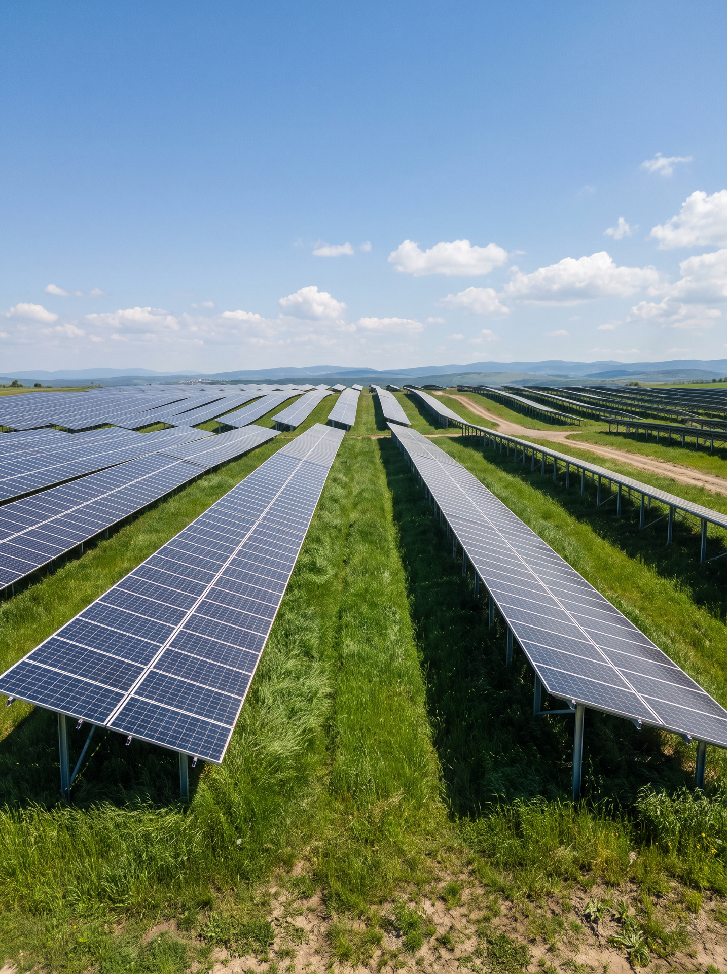 Solarpark aus der Luft mit Mähstreifen zwischen den Modulreihen