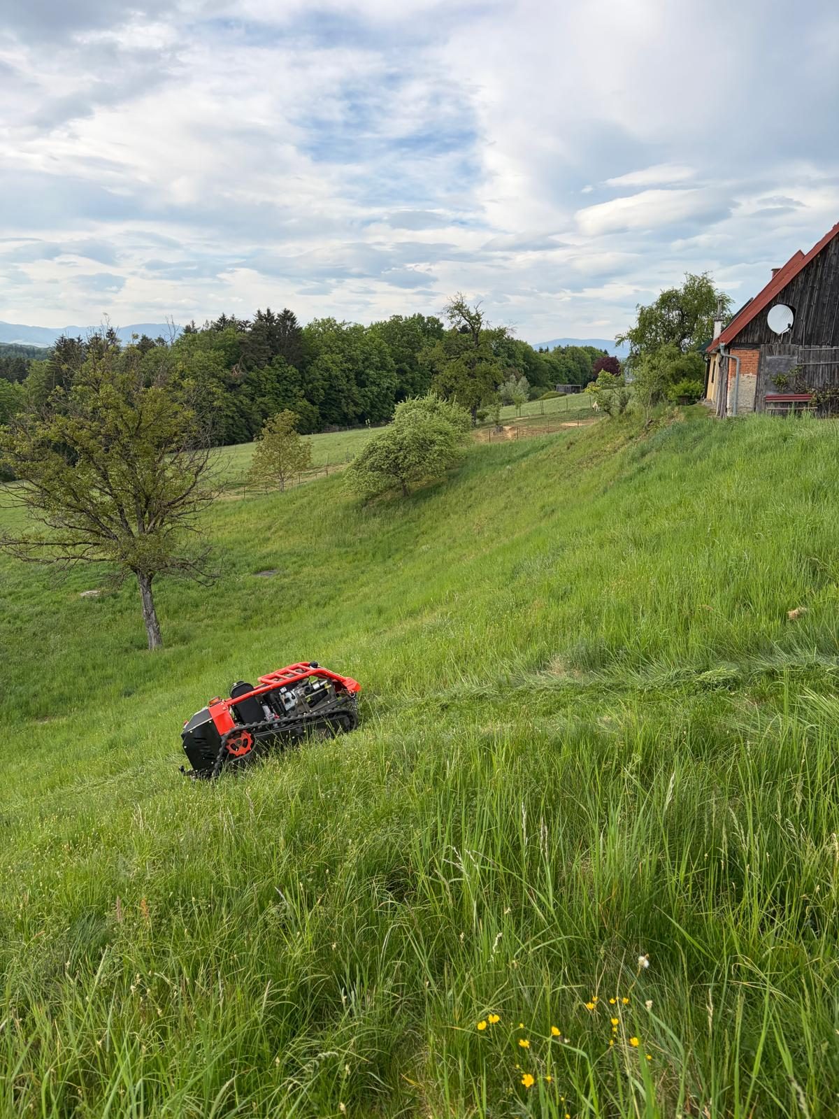JACK Mähraupe mäht einen steilen Hang neben einem Bauernhaus